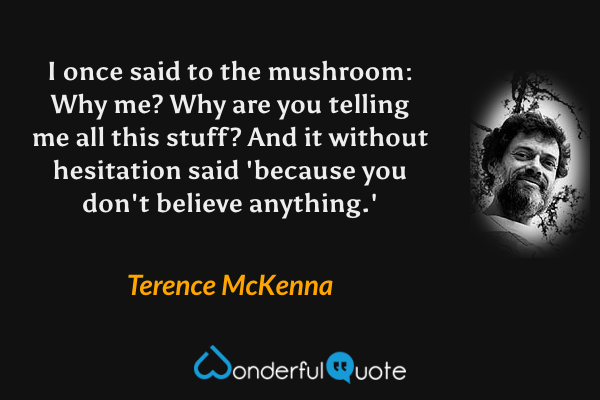 I once said to the mushroom: Why me? Why are you telling me all this stuff? And it without hesitation said 'because you don't believe anything.' - Terence McKenna quote.