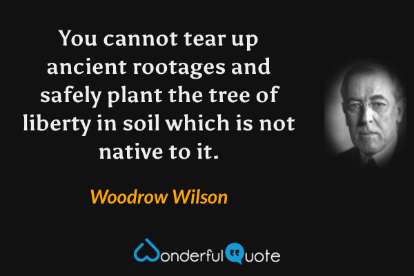 You cannot tear up ancient rootages and safely plant the tree of liberty in soil which is not native to it. - Woodrow Wilson quote.