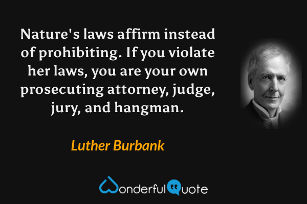 Nature's laws affirm instead of prohibiting. If you violate her laws, you are your own prosecuting attorney, judge, jury, and hangman. - Luther Burbank quote.