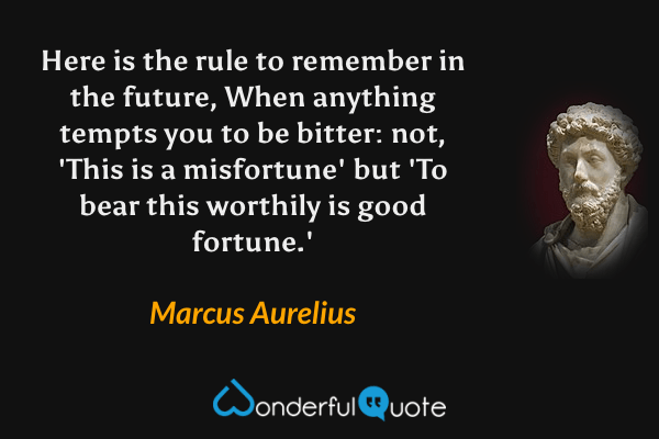 Here is the rule to remember in the future, When anything tempts you to be bitter: not, 'This is a misfortune' but 'To bear this worthily is good fortune.' - Marcus Aurelius quote.