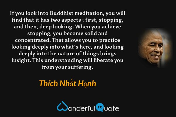 If you look into Buddhist meditation, you will find that it has two aspects : first, stopping, and then, deep looking. When you achieve stopping, you become solid and concentrated. That allows you to practice looking deeply into what's here, and looking deeply into the nature of things brings insight. This understanding will liberate you from your suffering. - Thích Nhất Hạnh quote.
