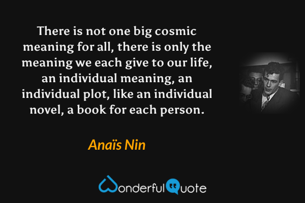 There is not one big cosmic meaning for all, there is only the meaning we each give to our life, an individual meaning, an individual plot, like an individual novel, a book for each person. - Anaïs Nin quote.