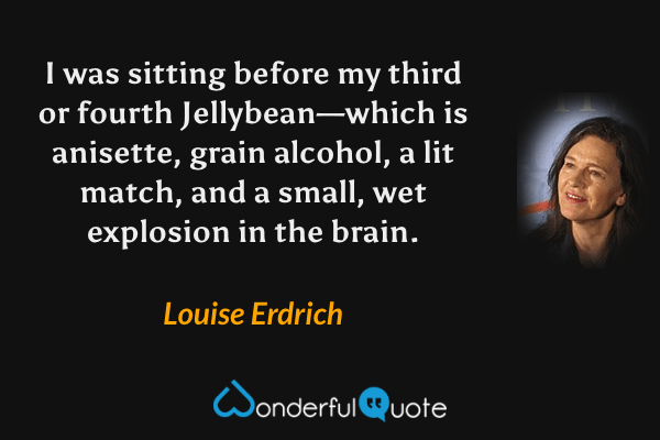 I was sitting before my third or fourth Jellybean—which is anisette, grain alcohol, a lit match, and a small, wet explosion in the brain. - Louise Erdrich quote.