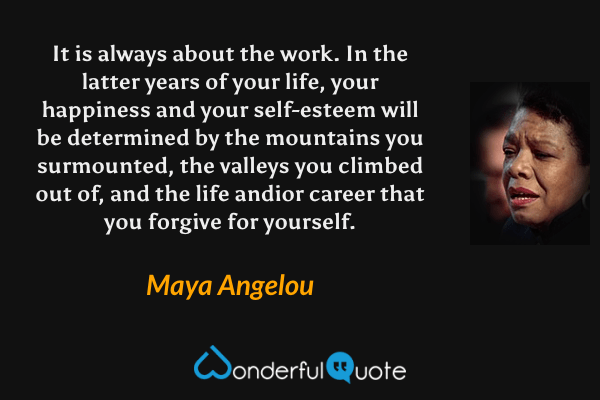 It is always about the work. In the latter years of your life, your happiness and your self-esteem will be determined by the mountains you surmounted, the valleys you climbed out of, and the life andior career that you forgive for yourself. - Maya Angelou quote.