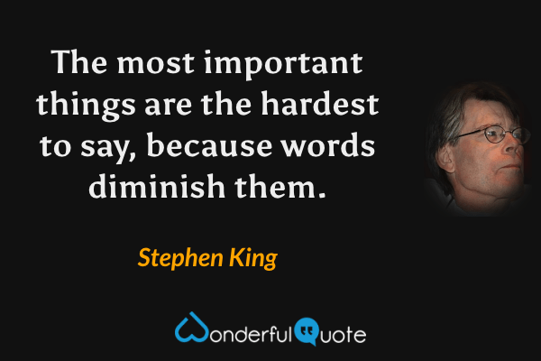 The most important things are the hardest to say, because words diminish them. - Stephen King quote.