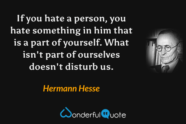 If you hate a person, you hate something in him that is a part of yourself. What isn't part of ourselves doesn't disturb us. - Hermann Hesse quote.