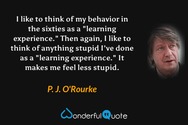 I like to think of my behavior in the sixties as a "learning experience." Then again, I like to think of anything stupid I've done as a "learning experience." It makes me feel less stupid. - P. J. O'Rourke quote.