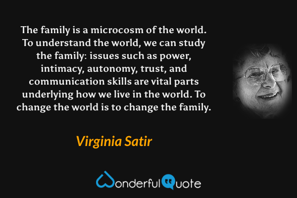 The family is a microcosm of the world.  To understand the world, we can study the family: issues such as power, intimacy, autonomy, trust, and communication skills are vital parts underlying how we live in the world.  To change the world is to change the family. - Virginia Satir quote.