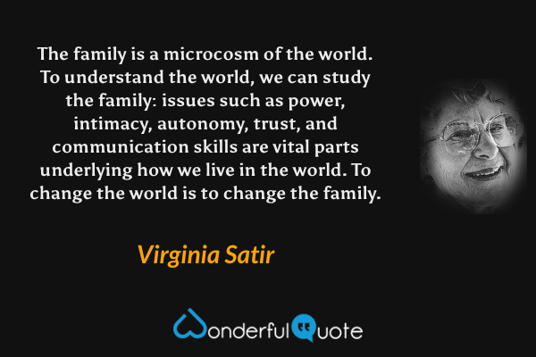 The family is a microcosm of the world. To understand the world, we can study the family: issues such as power, intimacy, autonomy, trust, and communication skills are vital parts underlying how we live in the world. To change the world is to change the family. - Virginia Satir quote.