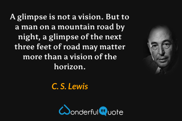 A glimpse is not a vision. But to a man on a mountain road by night, a glimpse of the next three feet of road may matter more than a vision of the horizon. - C. S. Lewis quote.