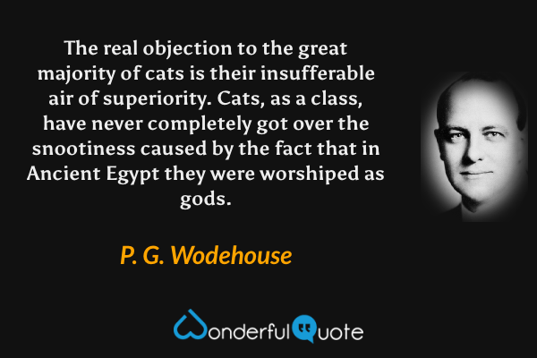 The real objection to the great majority of cats is their insufferable air of superiority. Cats, as a class, have never completely got over the snootiness caused by the fact that in Ancient Egypt they were worshiped as gods. - P. G. Wodehouse quote.