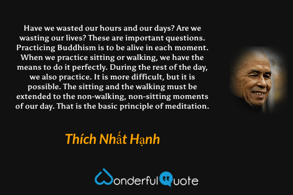 Have we wasted our hours and our days? Are we wasting our lives? These are important questions. Practicing Buddhism is to be alive in each moment. When we practice sitting or walking, we have the means to do it perfectly. During the rest of the day, we also practice. It is more difficult, but it is possible. The sitting and the walking must be extended to the non-walking, non-sitting moments of our day. That is the basic principle of meditation. - Thích Nhất Hạnh quote.