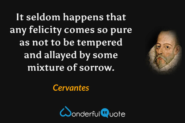 It seldom happens that any felicity comes so pure as not to be tempered and allayed by some mixture of sorrow. - Cervantes quote.
