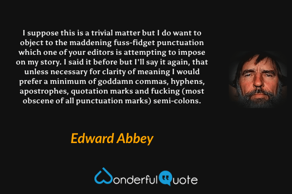 I suppose this is a trivial matter but I do want to object to the maddening fuss-fidget punctuation which one of your editors is attempting to impose on my story. I said it before but I'll say it again, that unless necessary for clarity of meaning I would prefer a minimum of goddamn commas, hyphens, apostrophes, quotation marks and fucking (most obscene of all punctuation marks) semi-colons. - Edward Abbey quote.