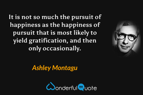 It is not so much the pursuit of happiness as the happiness of pursuit that is most likely to yield gratification, and then only occasionally. - Ashley Montagu quote.