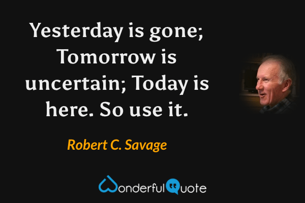 Yesterday is gone; Tomorrow is uncertain; Today is here. So use it. - Robert C. Savage quote.