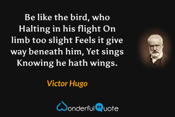 Be like the bird, who
Halting in his flight
On limb too slight
Feels it give way beneath him,
Yet sings
Knowing he hath wings. - Victor Hugo quote.