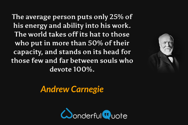 The average person puts only 25% of his energy and ability into his work. The world takes off its hat to those who put in more than 50% of their capacity, and stands on its head for those few and far between souls who devote 100%. - Andrew Carnegie quote.
