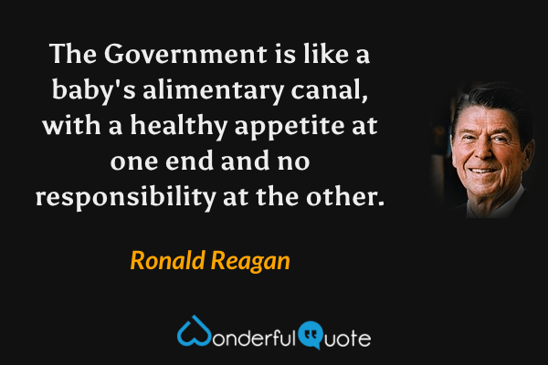 The Government is like a baby's alimentary canal, with a healthy appetite at one end and no responsibility at the other. - Ronald Reagan quote.