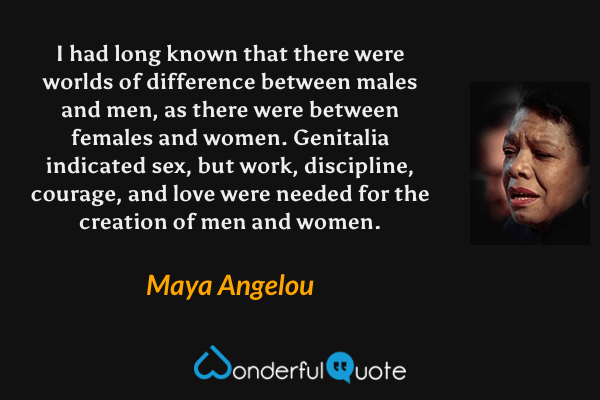 I had long known that there were worlds of difference between males and men, as there were between females and women. Genitalia indicated sex, but work, discipline, courage, and love were needed for the creation of men and women. - Maya Angelou quote.